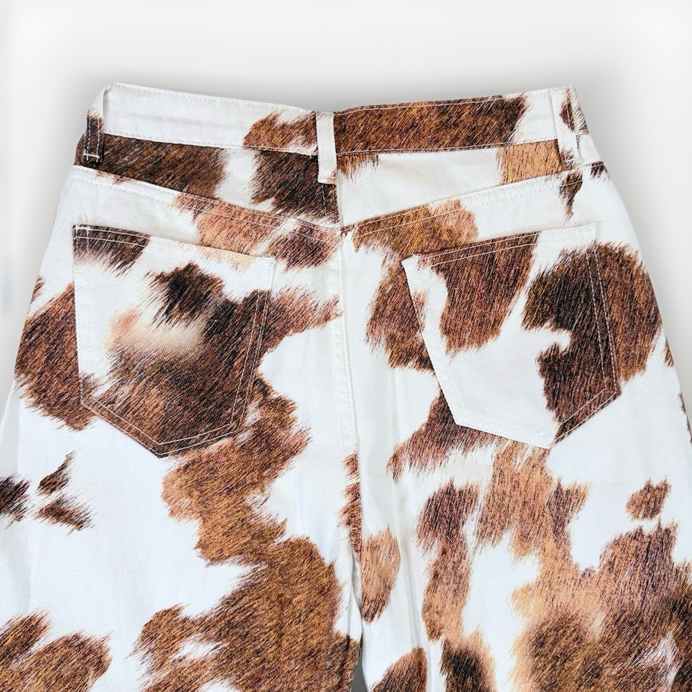 Cider Cow Print Jeans Women M Brown White High Rise Wide Leg Western Y2K Ranch - Picture 5 of 10